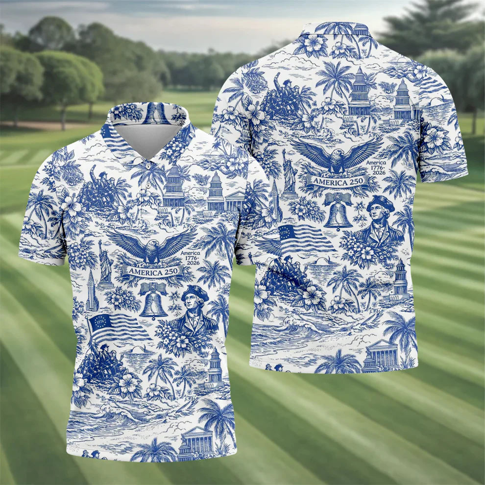 250 Years Of America Tropical Vibe Vintage Golf Polo ShirtPatriotic 4th Of July Golf Shirts For Men