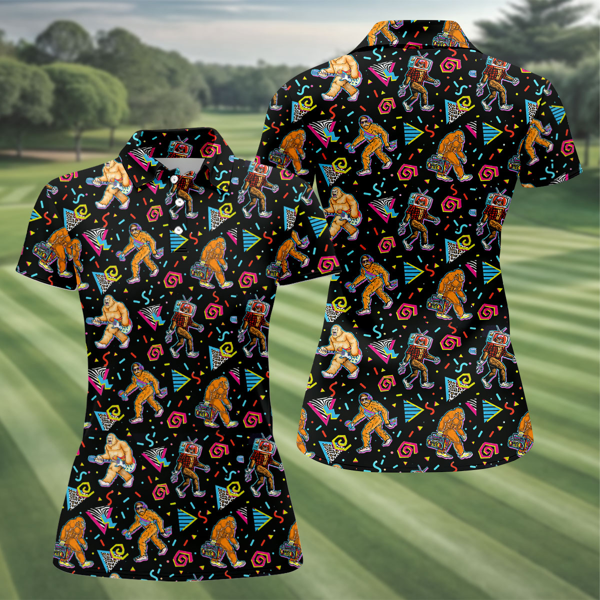 Retro Bigfoot Boombox Pattern Golf Shirt, Women’s Golf Polo, Golf Shirts For Women, Printed Golf Shirt