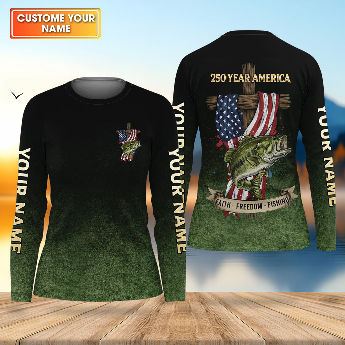 Faith Freedom Fishing Patriotic Fishing Shirt, Fishing UPF Shirts, 250th Anniversary Fishing Shirt For Women