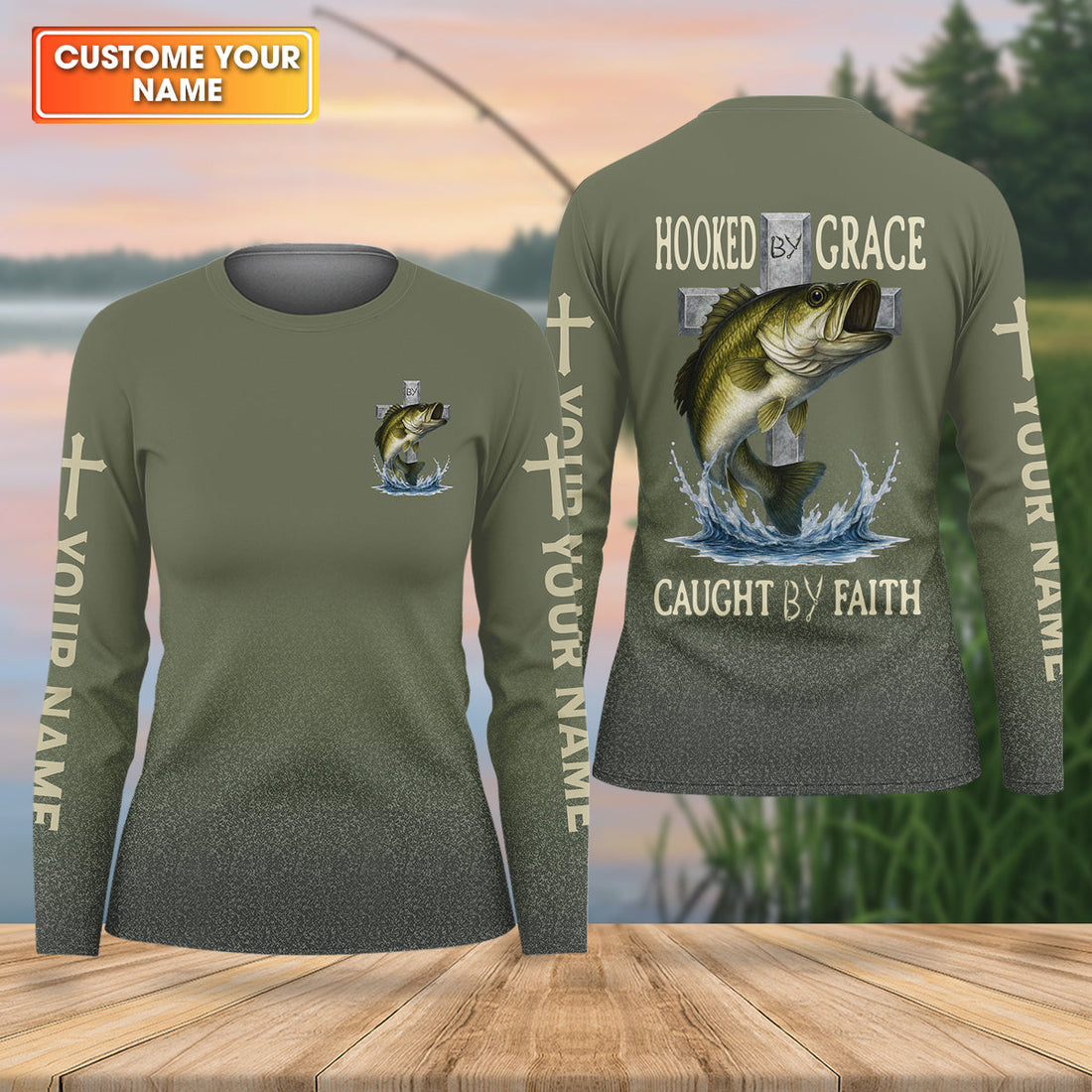 Hooked By Grace Caught By Faith Cross Christian Fishing UPF Shirts, Women Fishing Shirt