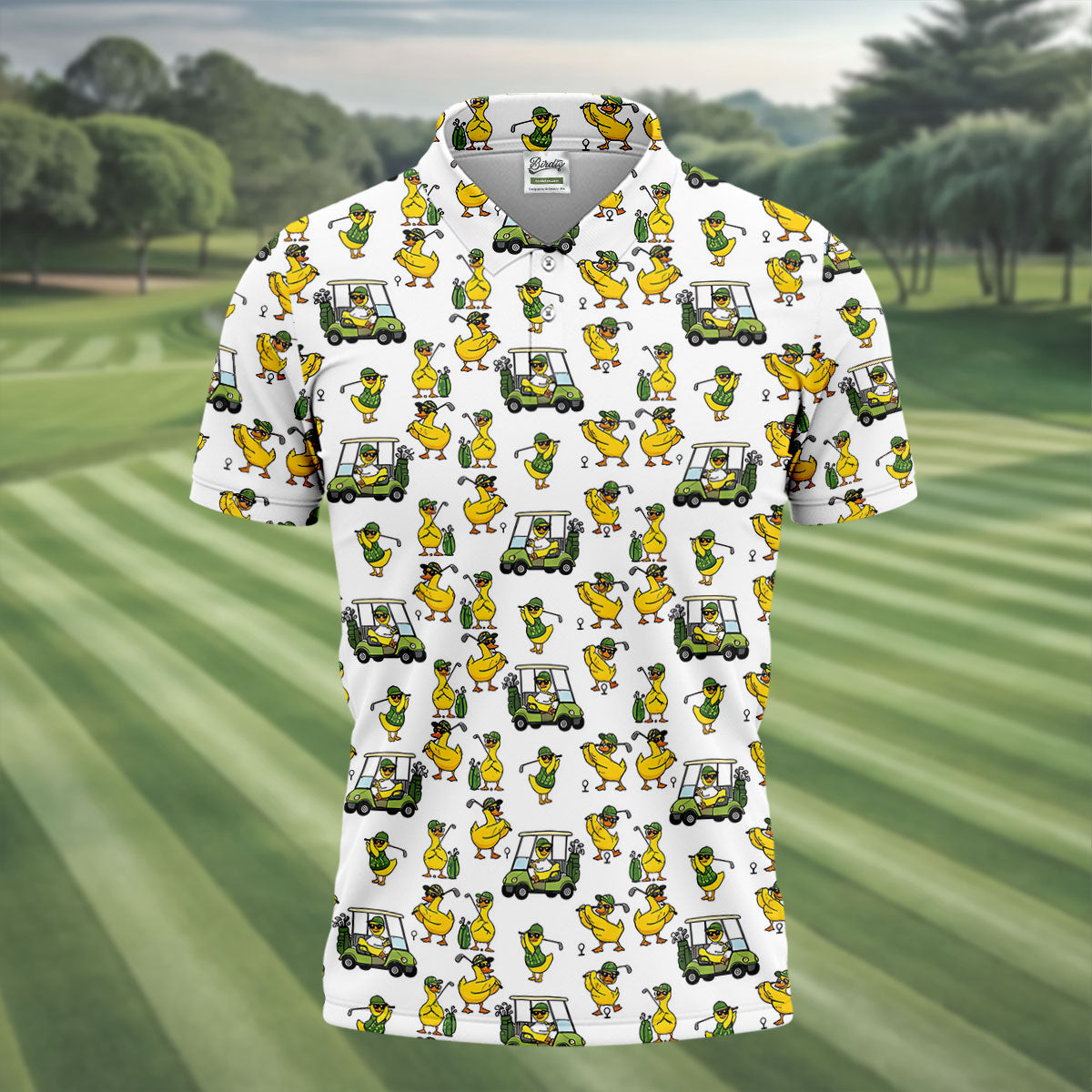 Funny Golfing Duck And Golf Cart Pattern Polo Shirt, Mens Golf Polo, Golf Shirts For Men