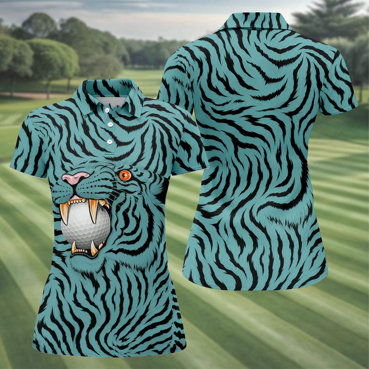 Funny Striped Tiger Biting Golf Ball Polo Shirt, Golf Tops For Women, Women’s Golf Apparel
