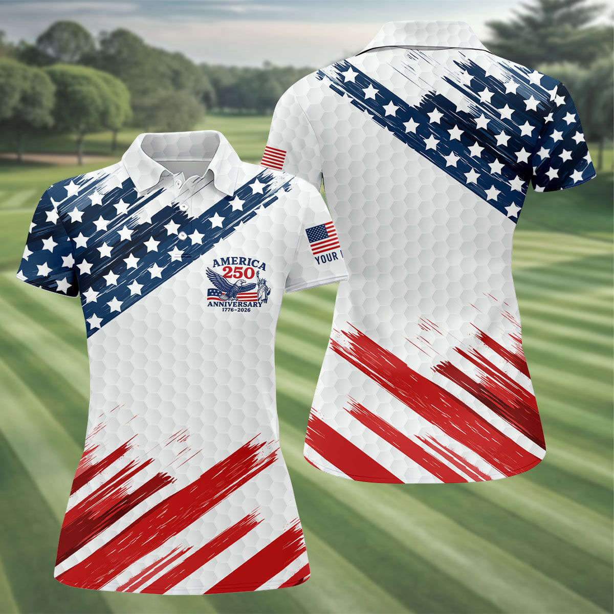 250th Anniversary Golf Ball Pattern Bald Eagle Logo 4th Of July Golf Shirt, Patriotic Golf Shirt For Women