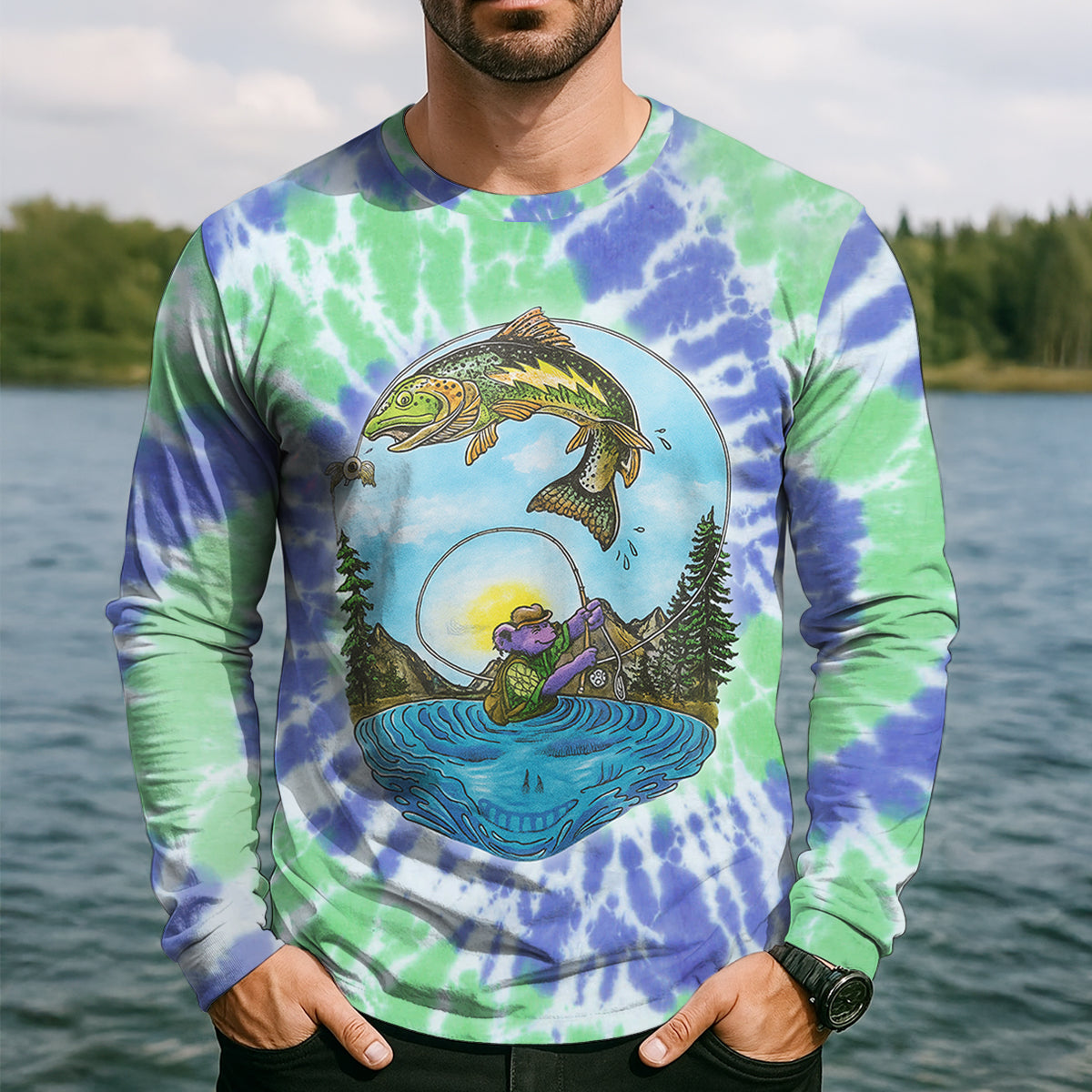 Bear Fishing Green And Purple Cool Tie Dye Patterns Fishing UPF Shirts, Fishing Gifts For Men, Men's Fishing Shirt