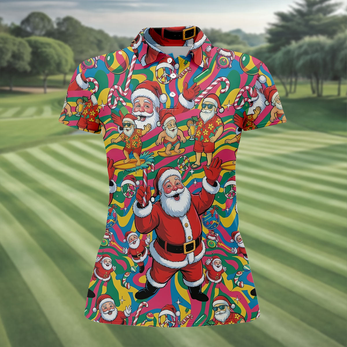Funny Tropical Santa Christmas Polo Shirt, Womens Golf Polo, Christmas Shirts For Women