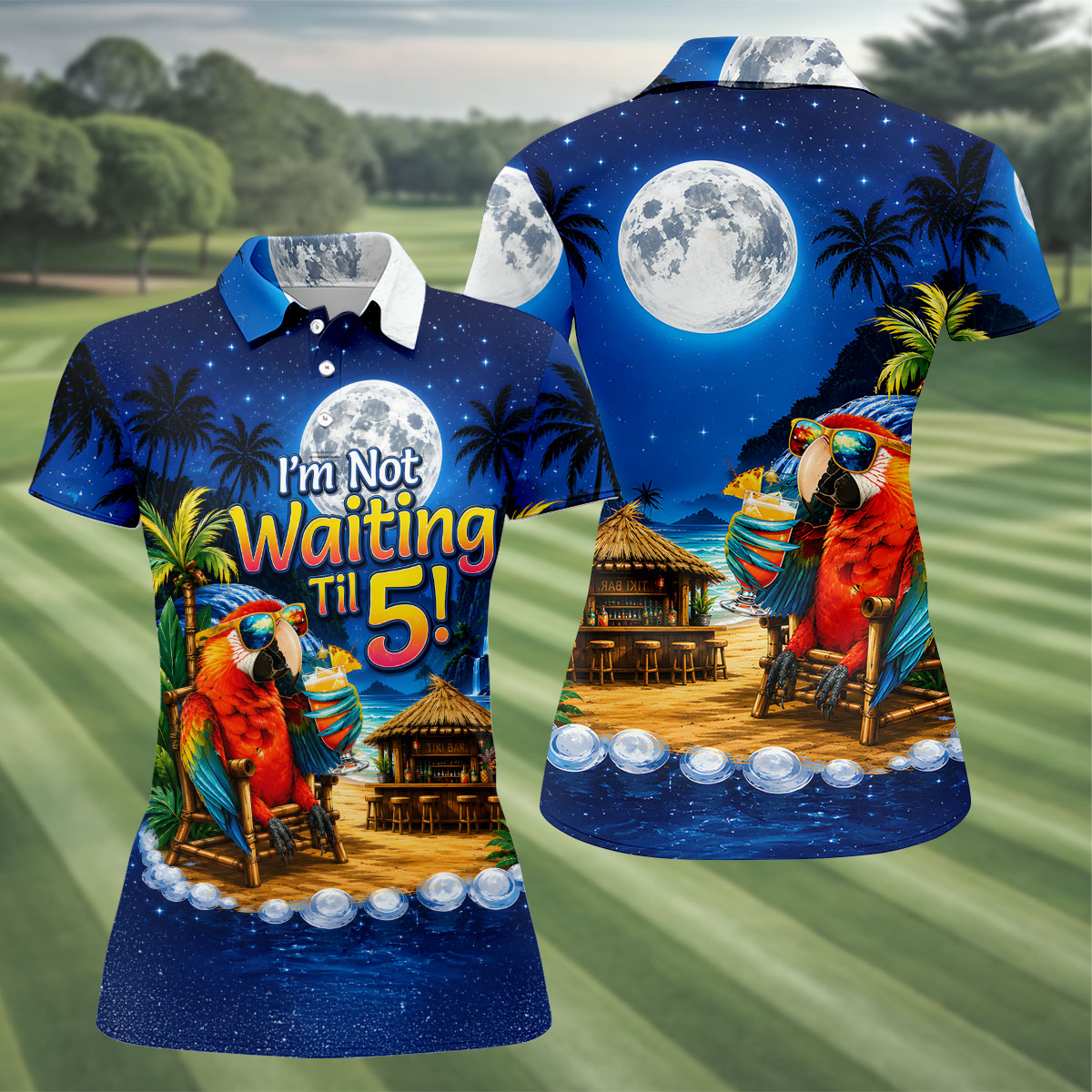 Parrot Drinking Cocktail Tiki Bar Not Waiting Til 5 Golf Shirt, Women’s Golf Polo, Golf Tops For Women, Printed Golf Shirt