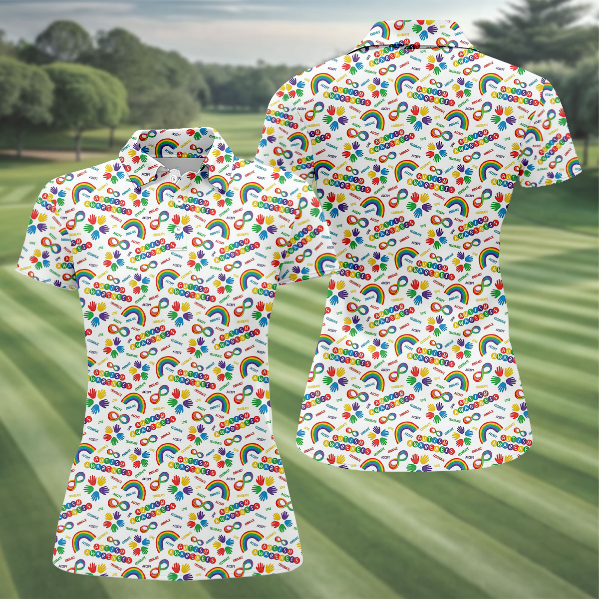 Autism Awareness Rainbow Pattern Colorful Handprints White Golf Shirt, Golf Shirt For Women