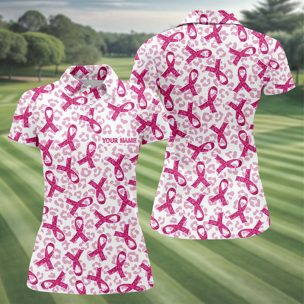 Breast Cancer Pink Ribbon Leopard Pattern Women's Golf Tops, Cancer Awareness Shirt, Ladies Golf Shirts