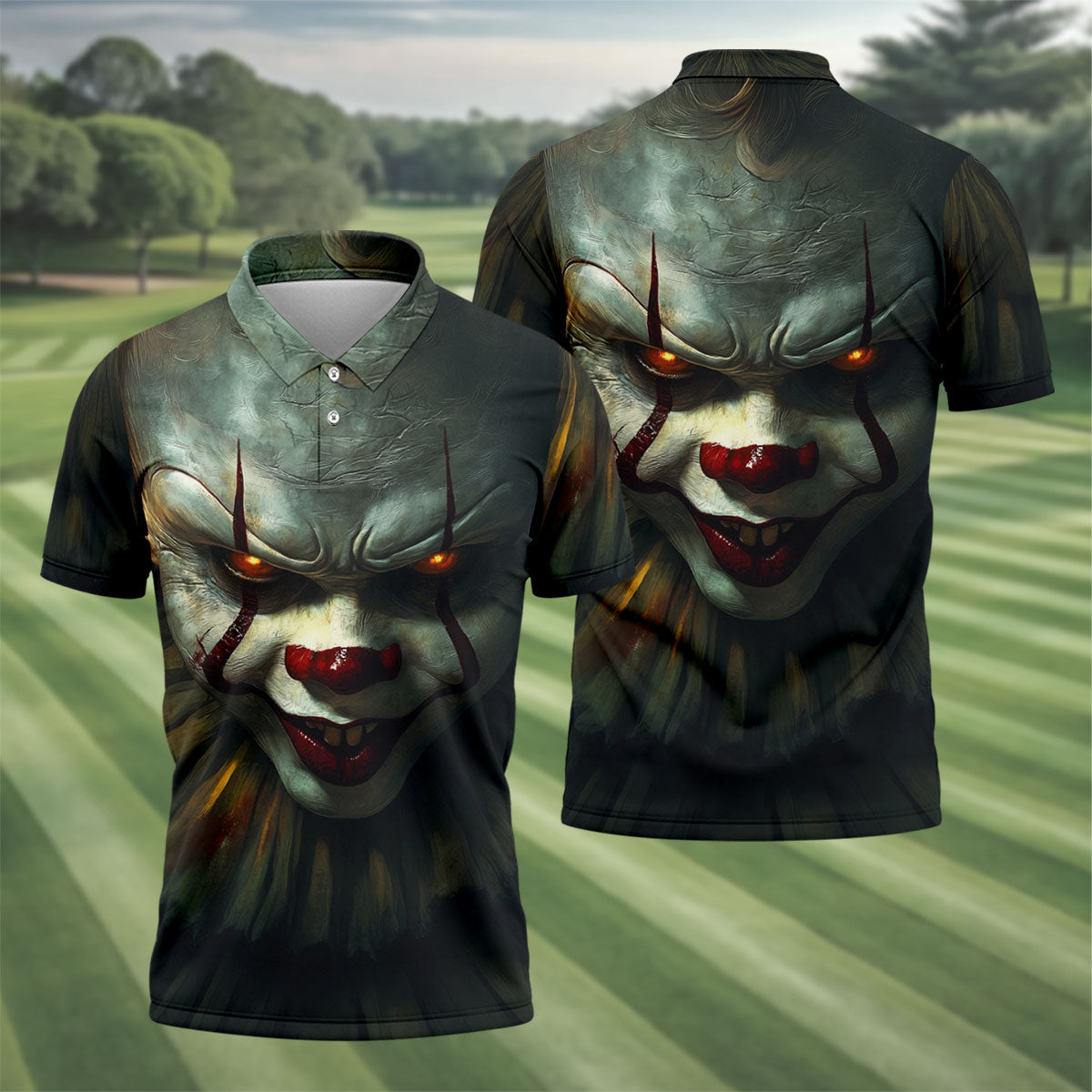 Scary Clown Face Halloween Polo Shirt, Golf Polo Shirts For Men, Mens Golf Apparel