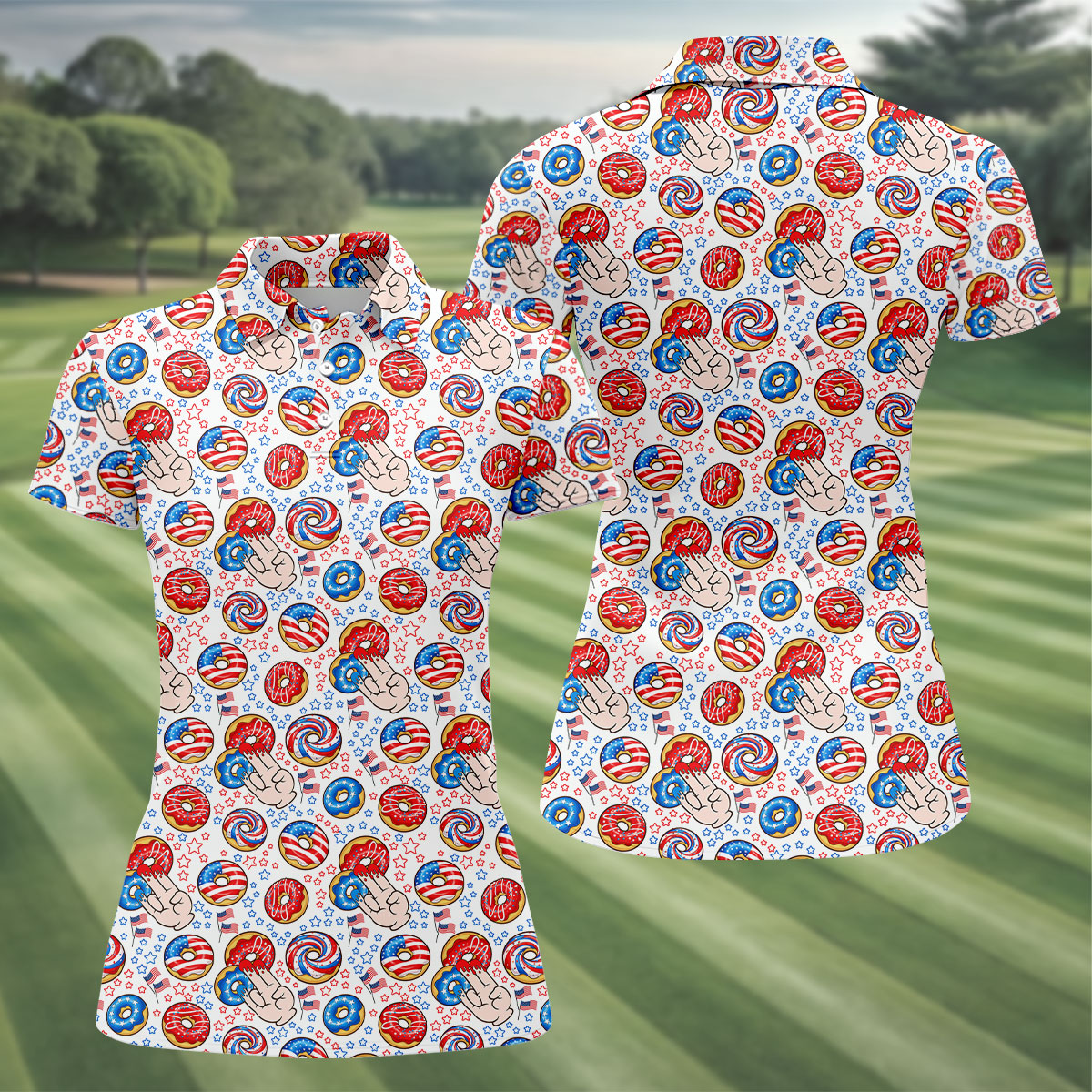 Donut Finger Funny Dirty American Flag Pattern White Women Golf Top, 250th Anniversary Patriotic Golf Shirt