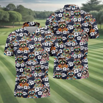 Cool Raccoons in Rainbow Sunglasses Hawaiian Golf Polo, Golf Tops For Men, Golfing Apparel