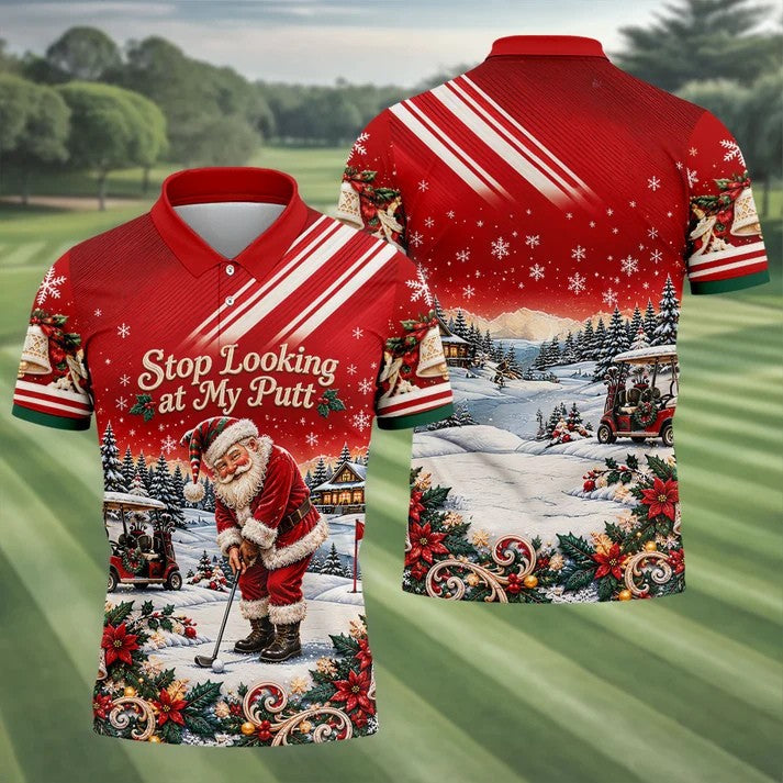 Red Stripe Santa Putt Christmas Golf Polo, Mens Golf Shirts, Hawaiian Golf Shirt