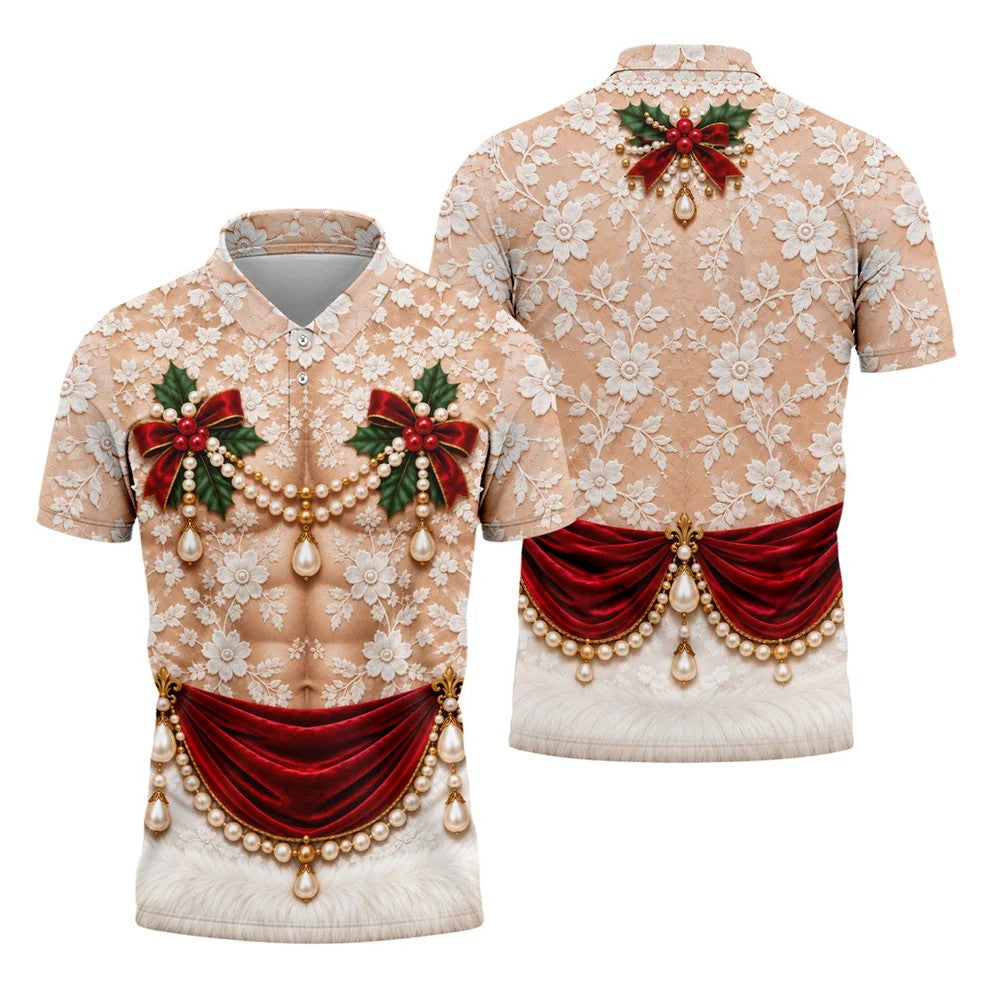 White Lace Pearls Christmas Golf Shirt, Funny Mens Golf Shirts, Golf Shirts For Men
