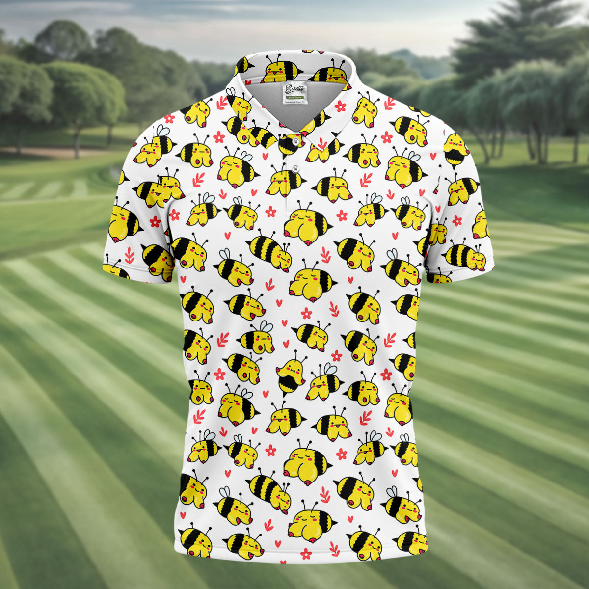 Funny Bee Breast Cancer Pattern Polo Shirt, Mens Golf Shirts, Golf Polo Shirts For Men