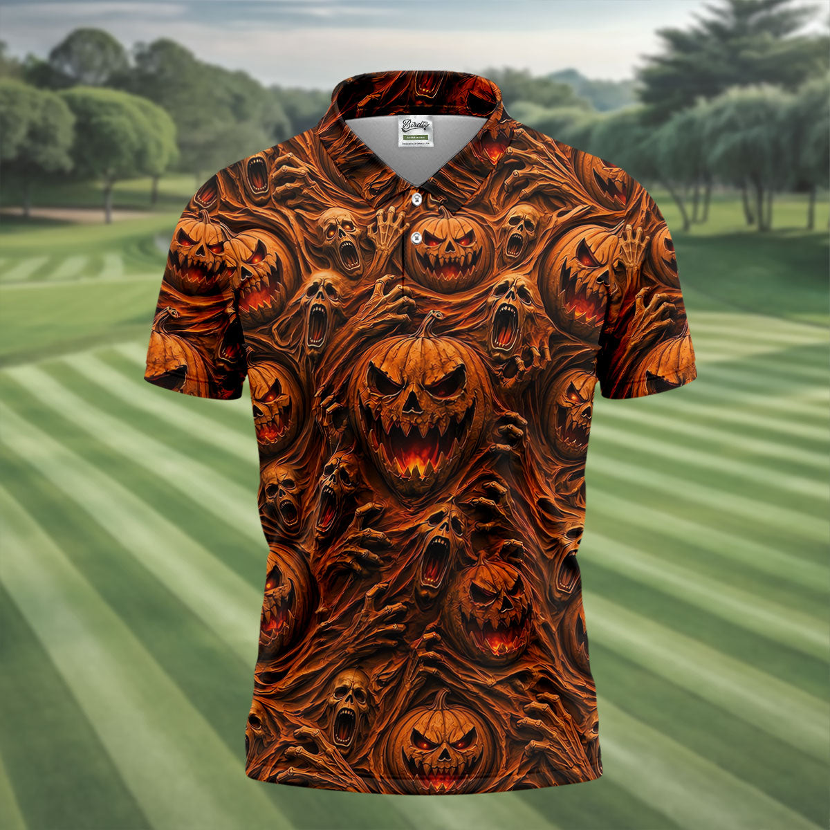 Halloween Evil Pumpkin Ghost Horror Character Polo Shirt, Golf Polo, Mens Golf Shirts