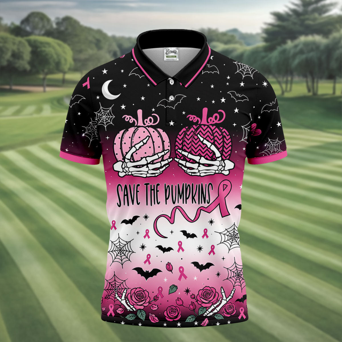 Save The Pumpkins Halloween Breast Cancer Polo Shirt, Mens Golf Polo, Mens Golf Shirts