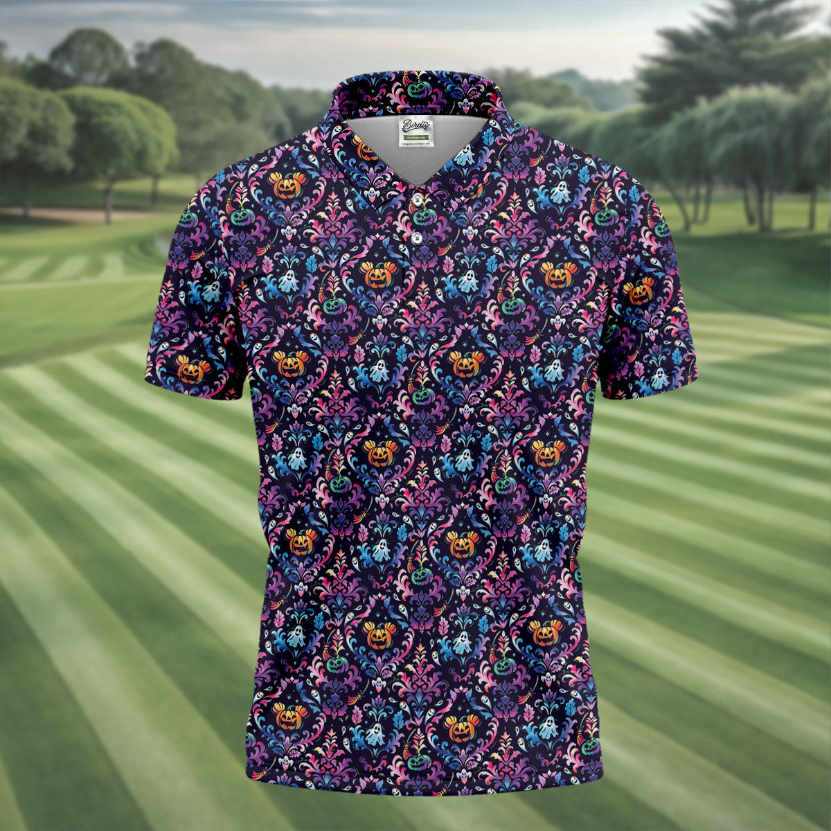 Colorful Ghost Pumpkin Floral Halloween Polo Shirt, Mens Golf Polo, Printed Golf Shirts