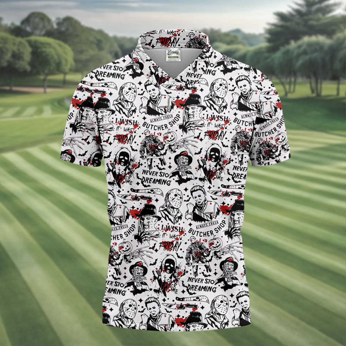 Classic Horror Character Collage Halloween Polo Shirt, Men's Golf Shirt, Mens Golf Apparel