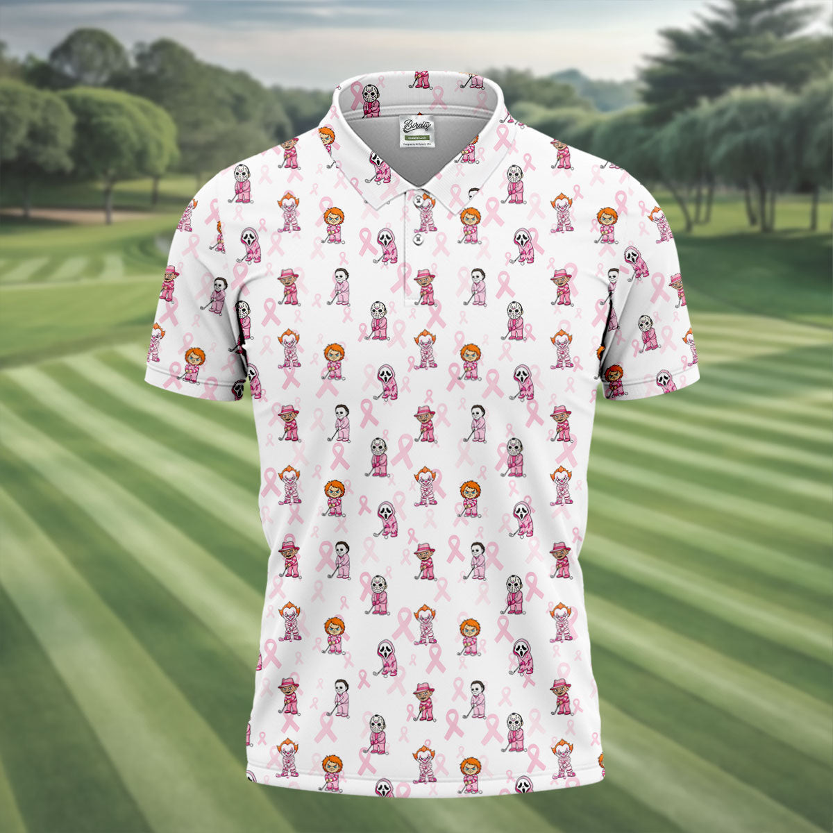 Breast Cancer Chibi Horror Character Polo Shirt, Mens Golf Shirts, Golf Apparel For Men