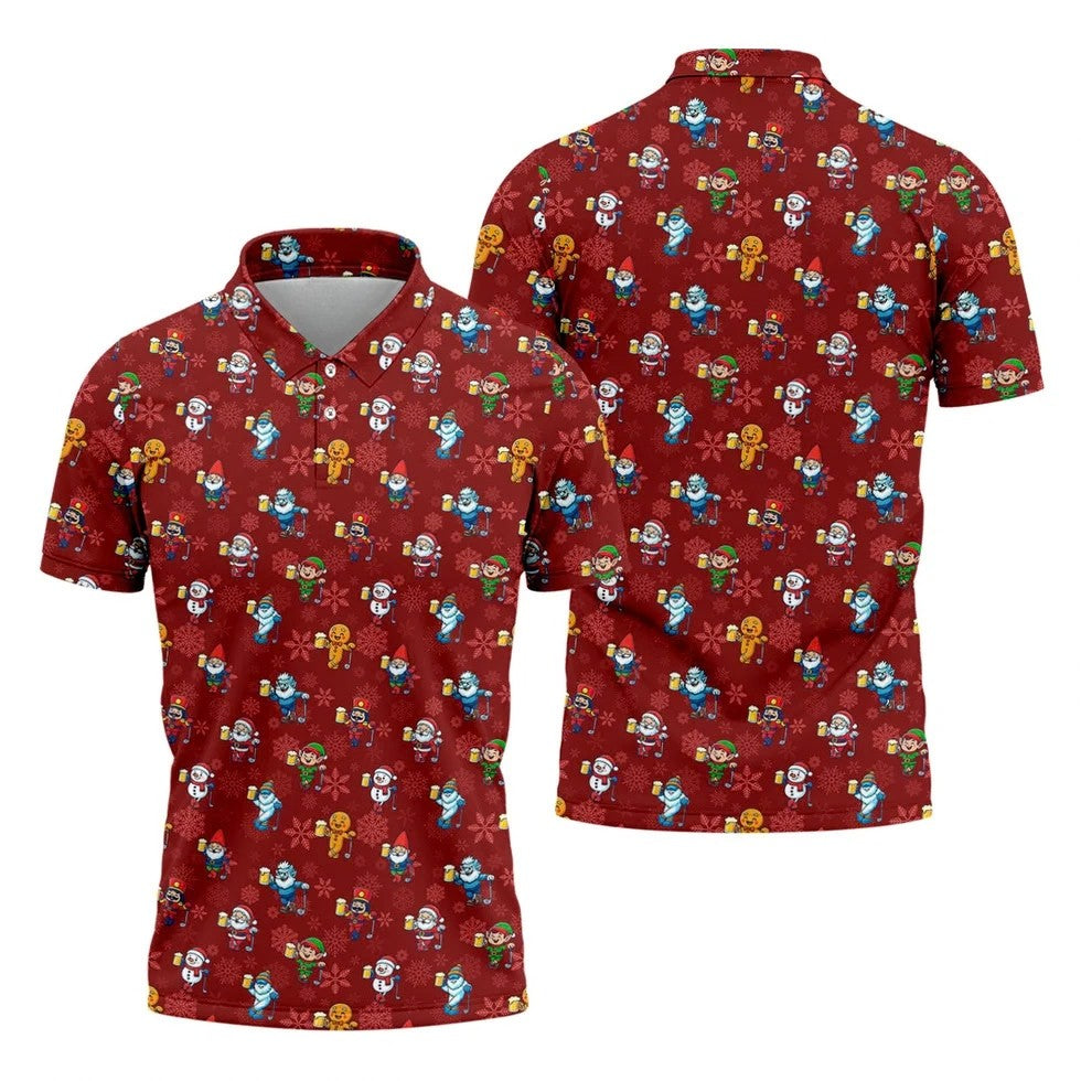 Christmas Characters Golf And Beer Red Men's Funny Golf Shirts, Christmas Golf Shirt, Polo Shirts For Men