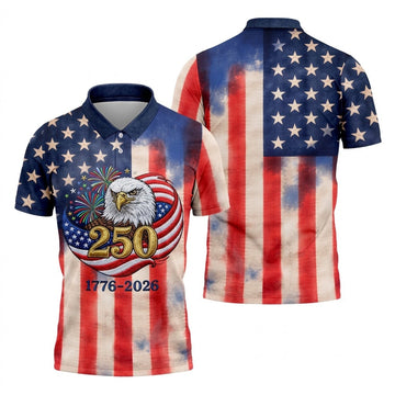 250 Years Bald Eagle US Flag Faded Color Retro Golf Shirt, Patriotic 4th Of July Golf Shirts For Men