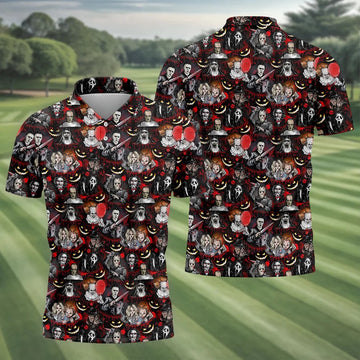 Horror Character Halloween Pattern Golf Polo Shirt, Mens Golf Shirts, Hawaiian Golf Shirt