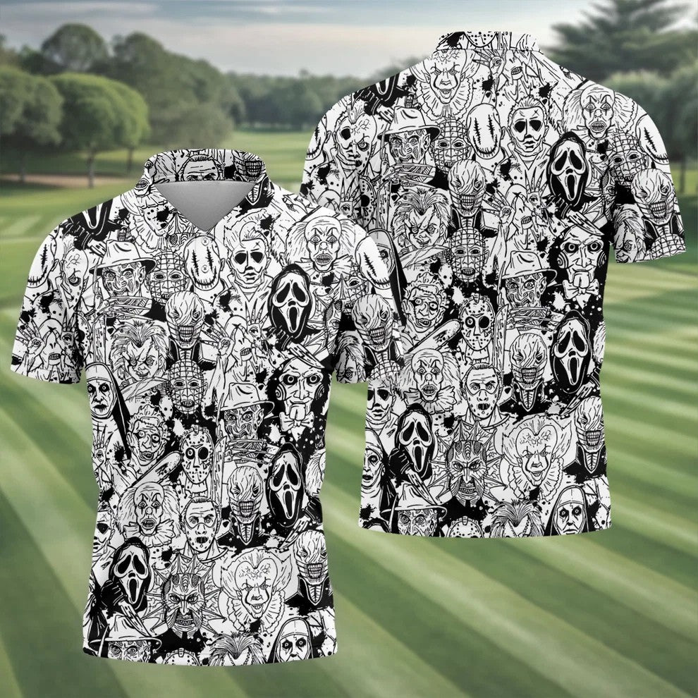 Black White Horror Character Sketch Golf Shirt, Mens Golf Polo, Halloween Golf Shirt