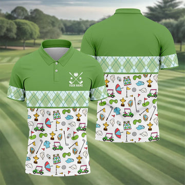 Custom Name Green Argyle Golf Icons Pattern Golf Shirt, Mens Golf Polo, Golf Shirts For Men, Printed Golf Shirts