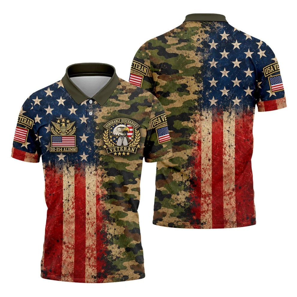 DD-214 Eagle Split USA Flag Camo Polo Shirt, Veterans Day Shirt, Golf Shirts For Men