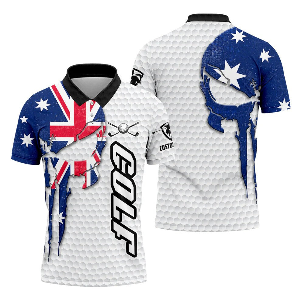 Cool Skull Golf Ball Pattern Australia Flag Print White Golf Shirt, Polo Shirts For Men