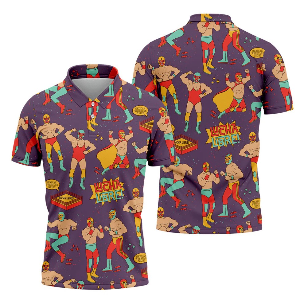 Purple Lucha Libre Mexican Wrestler Pattern Golf Shirt, Men's Golf Shirt, Mens Polo Shirts