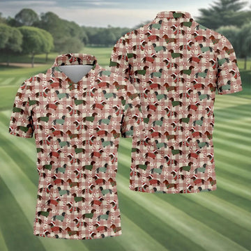 Christmas Dachshund Pink Checkered Golf Tops For Men, Christmas Golf Shirt, Polo Shirts For Men