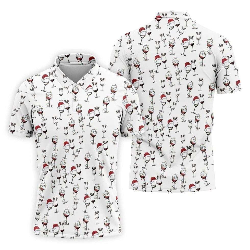 Christmas Wine Glass With Colorful Lighting White Golf Shirt, Christmas Golf Shirt, Polo Shirts For Men