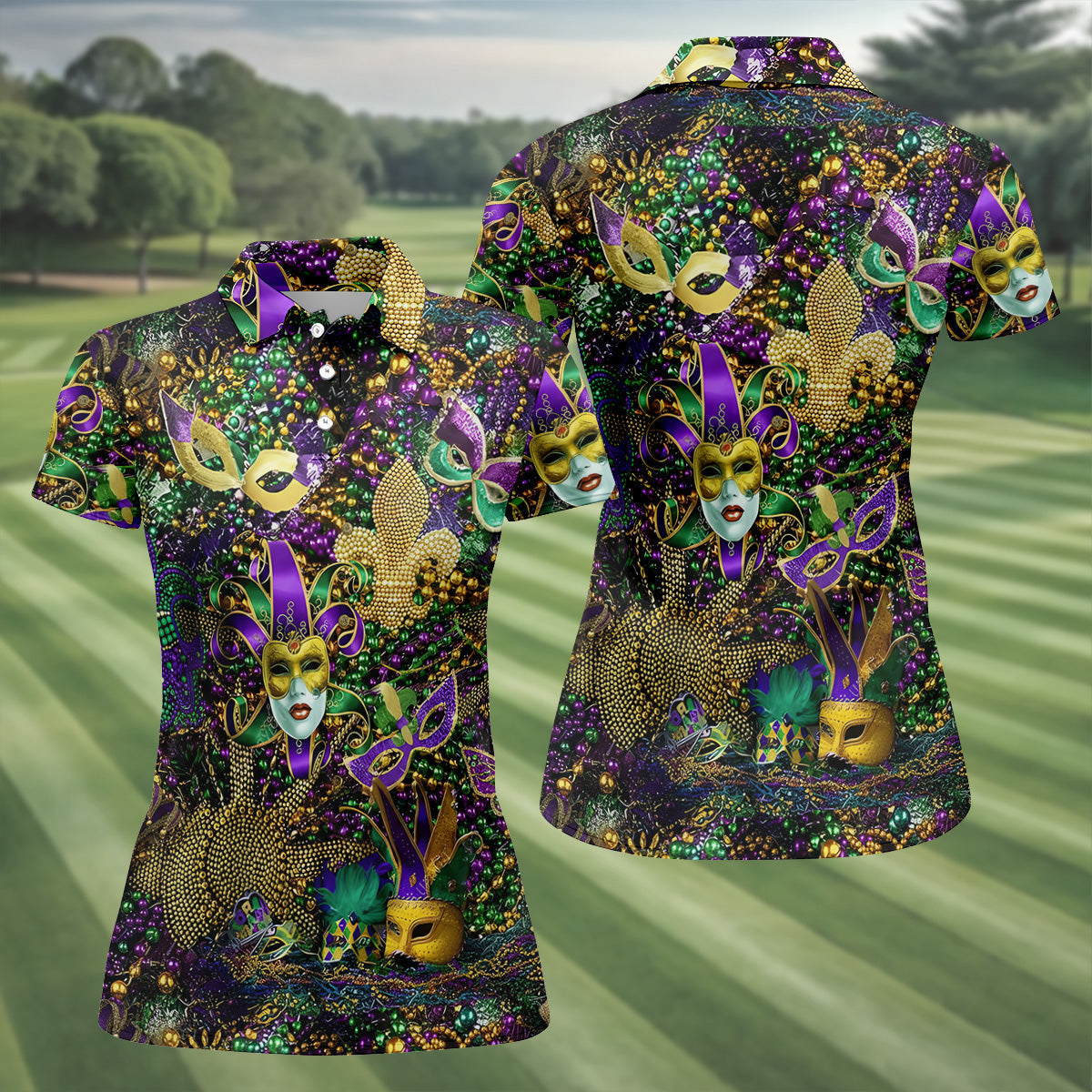 Holiday Mardi Gras Green Purple Gold Women's Golf Tops, Ladies Golf Polos, Golf Gift For Ladies
