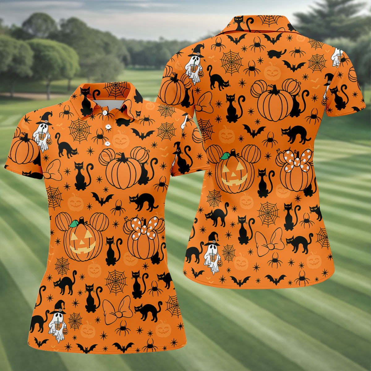 Black Cat and Pumpkin Halloween Polo Shirt, Golf Polo Apparel, Womens Golf Outfit