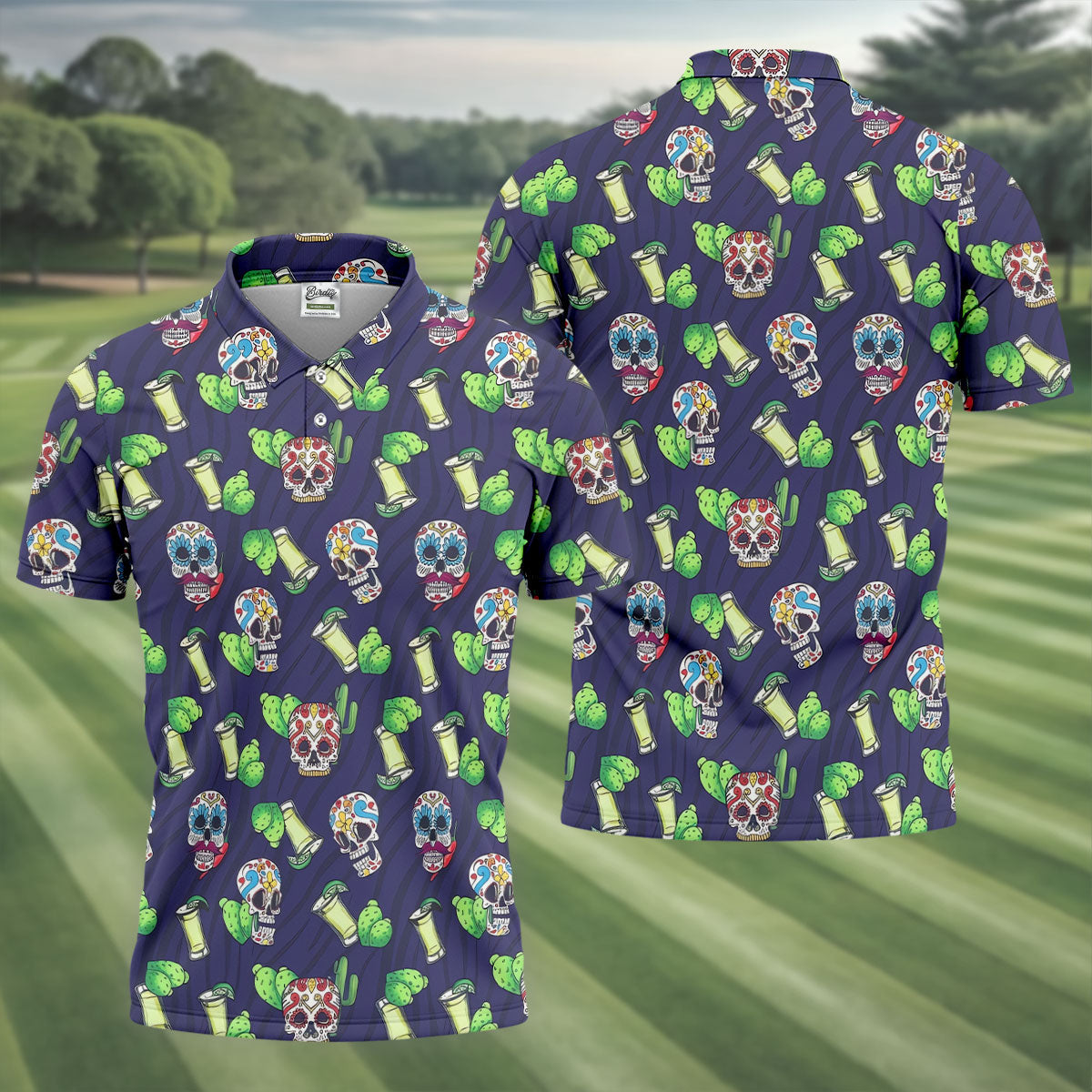 Day Of The Dead Sugar Skull Cactus Polo Shirt, Mens Golf Polo, Hawaiian Golf Shirt