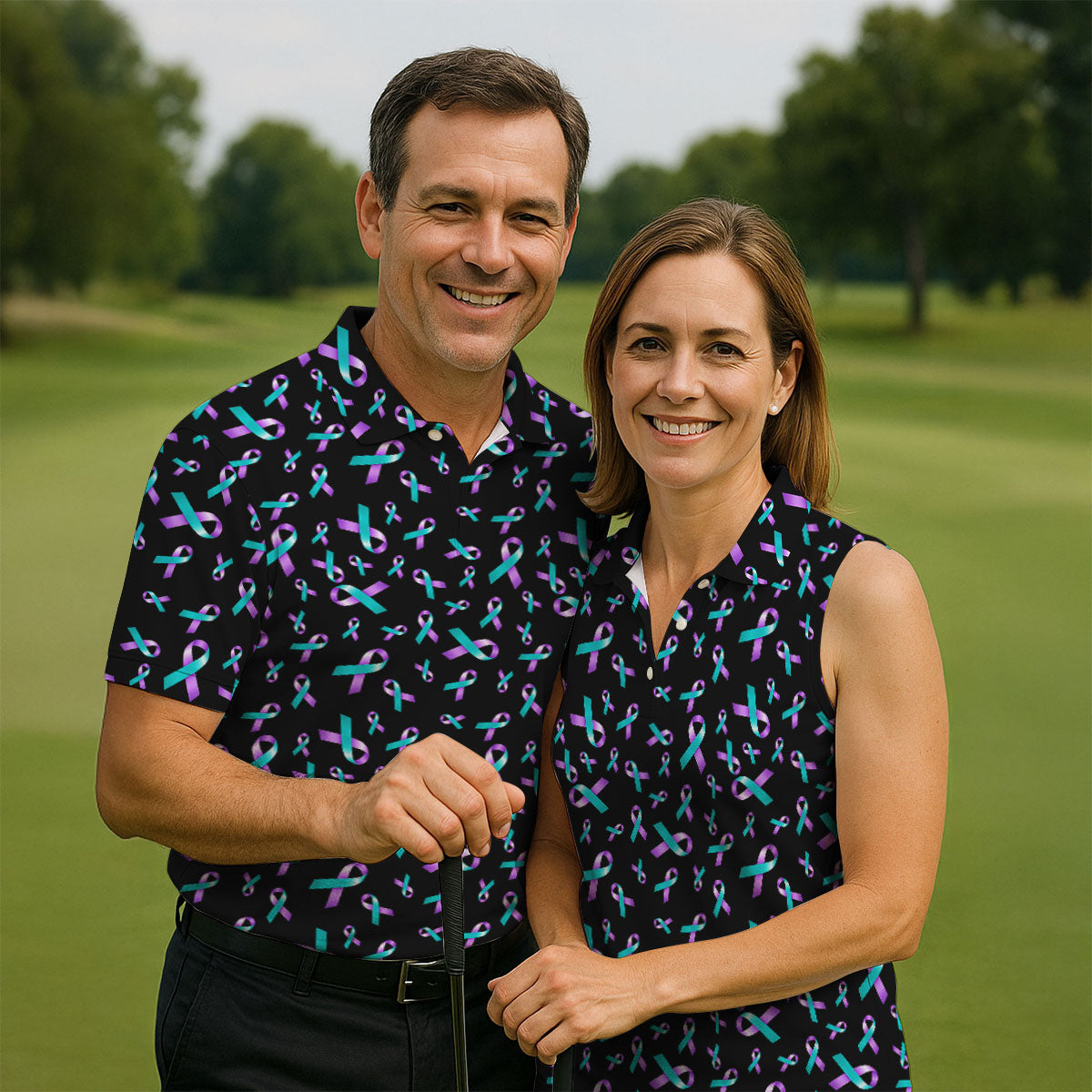 Suicide Prevention Awareness Ribbon Pattern Golf Polo Shirt, Mens Golf Polo, Golf Apparel For Men