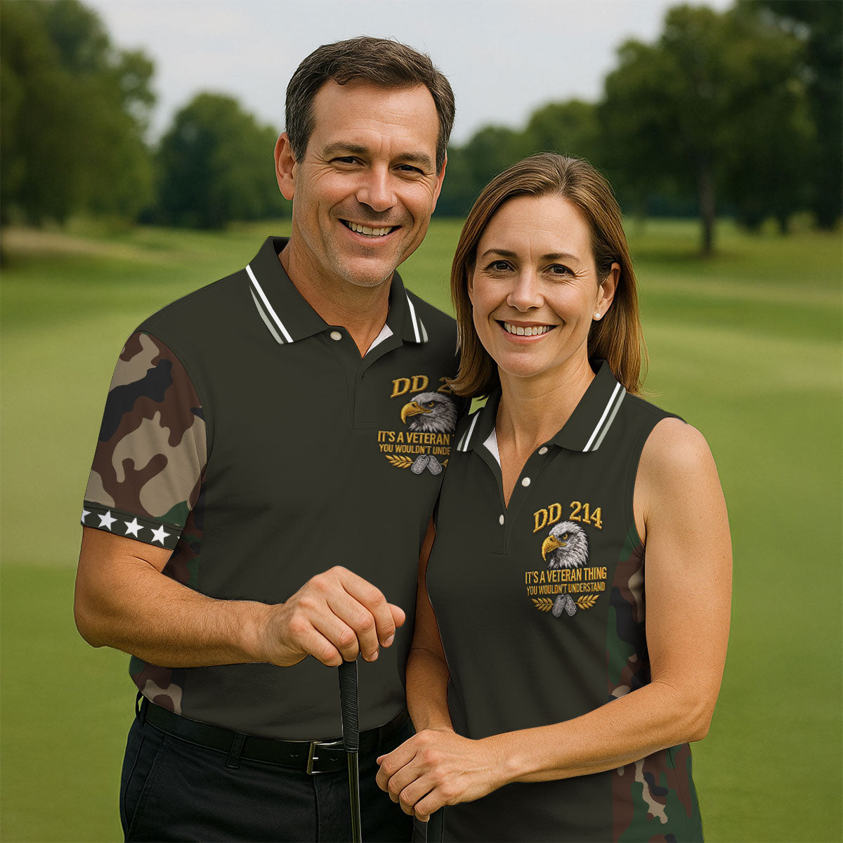 DD-214 Eagle Olive Green Camo Polo Shirt, Veterans Day Golf Shirt, Mens Golf Apparel