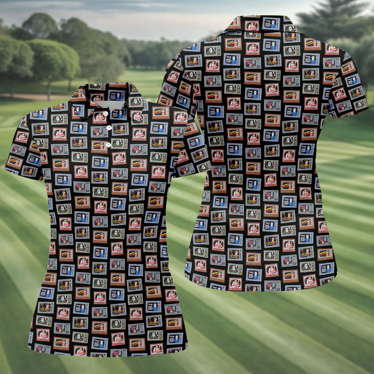 Horror Characters On Vintage TVs Halloween Polo Shirt, Women’s Golf Polo, Ladies Golf Top