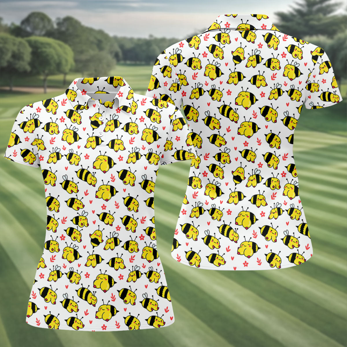 Funny Bee Breast Cancer Pattern Polo Shirt, Women’s Golf Polo, Golf Shirts For Women