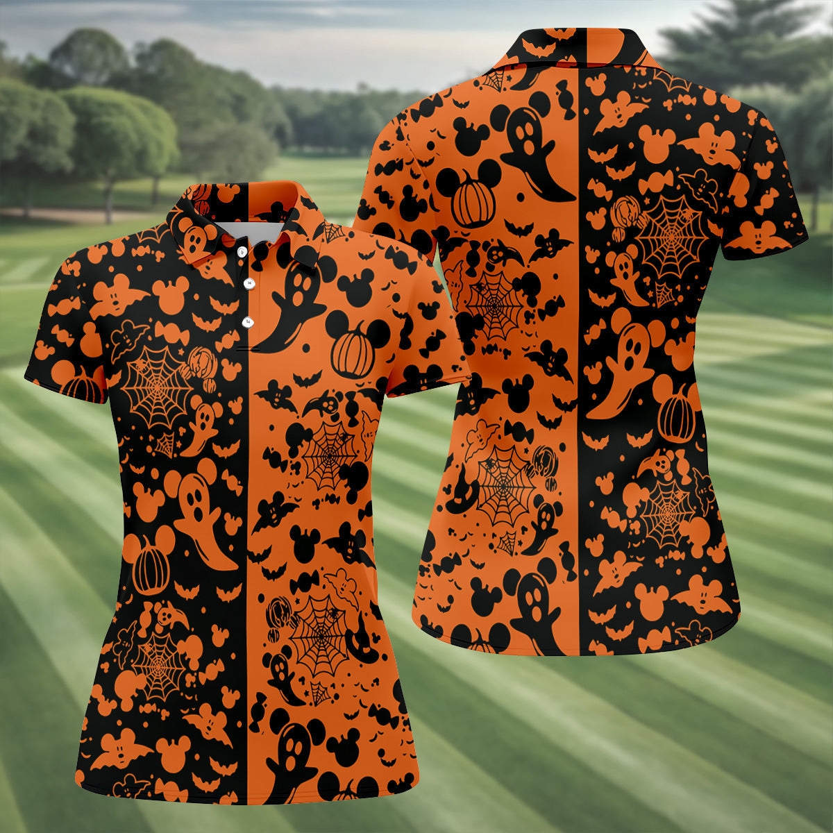 Cute Animated Ghost Black And Orange Halloween Golf Shirt, Fun Women's Golf Shirts, Ladies Golf Polos