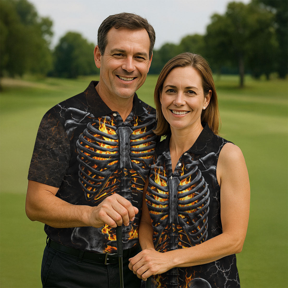 Burning Skeleton Rib Cage Halloween Polo Shirt, Mens Polo Shirts, Golf Apparel For Men