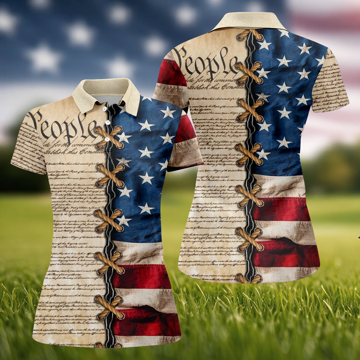 We The People Preamble Patriotic 4th Of July Beige Golf Shirt, 250th Anniversary Women's Golf Tops