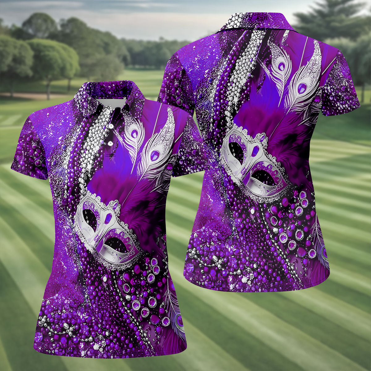 Mardi Gras Masquerade Mask Feather Beads Purple Golf Shirt, Women's Golf Tops, Ladies Golf Polos