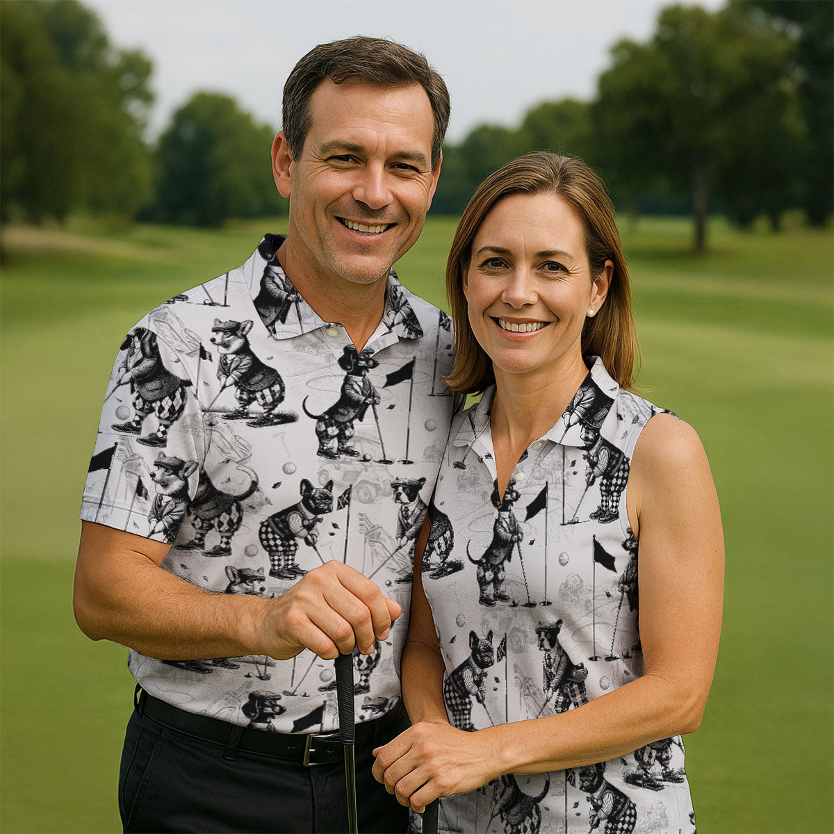 Vintage Golfing Dogs Pattern Golf Polo Shirt, Mens Golf Shirts, Golf Apparel For Men