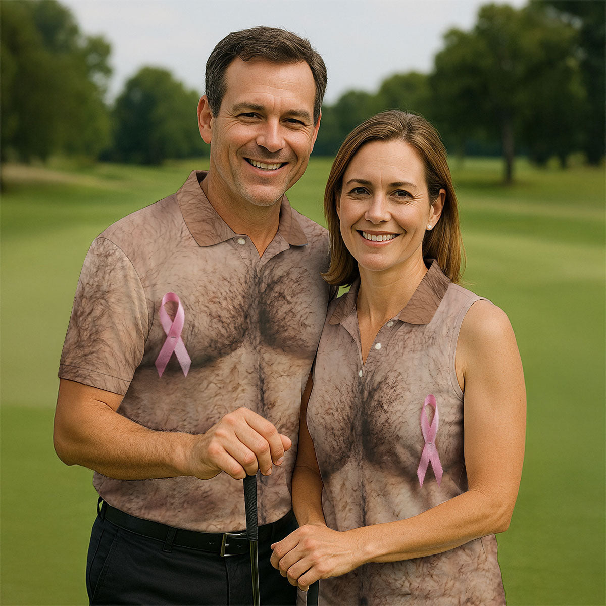 Pink Ribbon Hairy Chest Breast Cancer Golf Shirt, Mens Golf Polo, Golf Apparel For Men