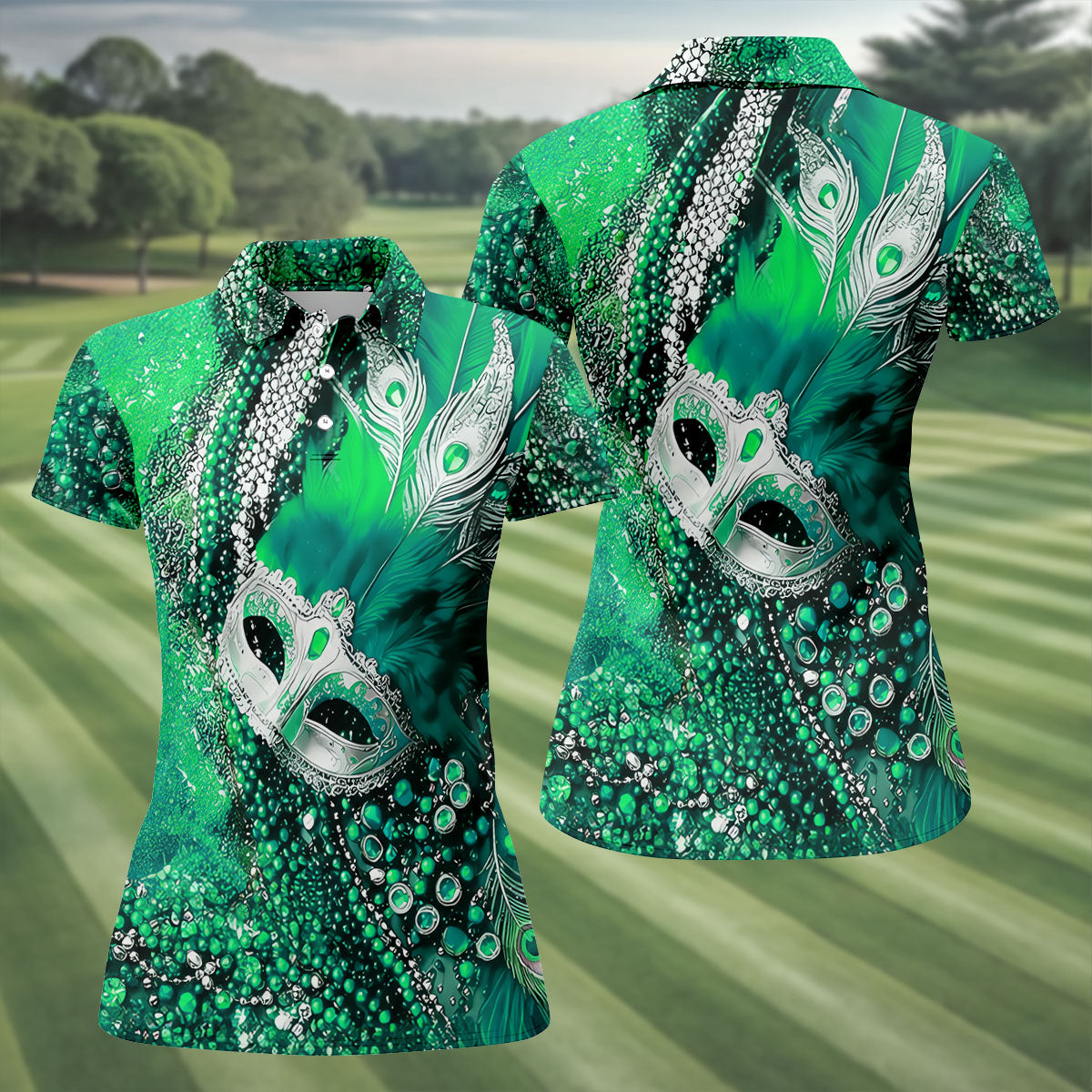 Mardi Gras Masquerade Mask Feather Beads Green Golf Shirt, Women's Golf Tops, Ladies Golf Polos