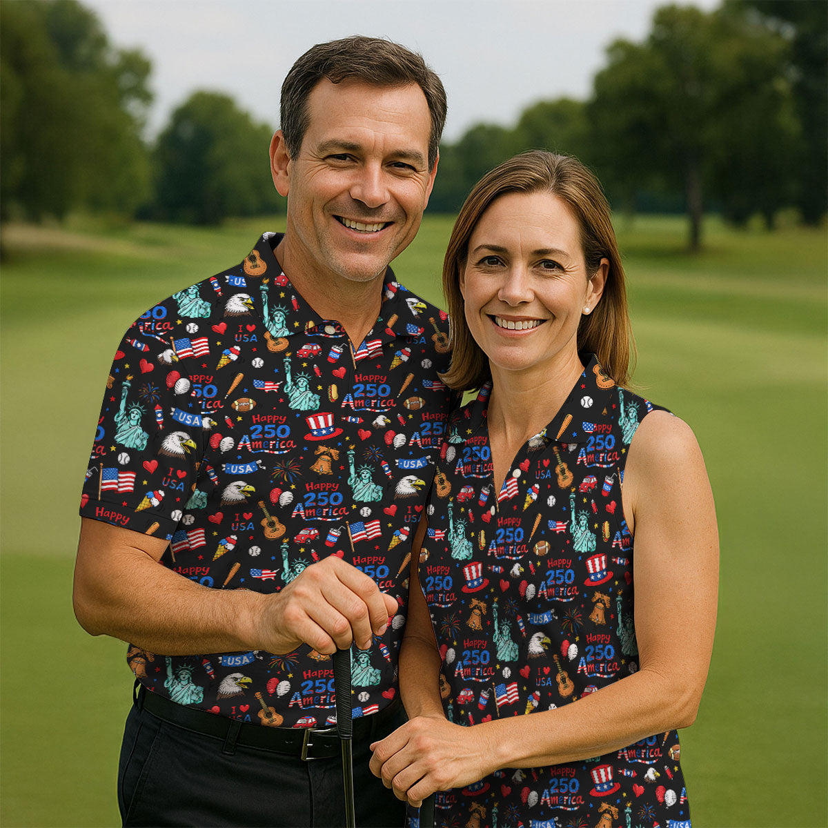 Happy 250 America Independence Celebration Black Golf Shirt, Patriotic 4th Of July Golf Shirt For Women
