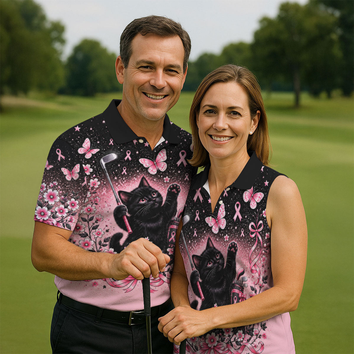Black Cat Breast Cancer Ribbons Polo Shirt, Mens Golf Polo, Golf Apparel For Men