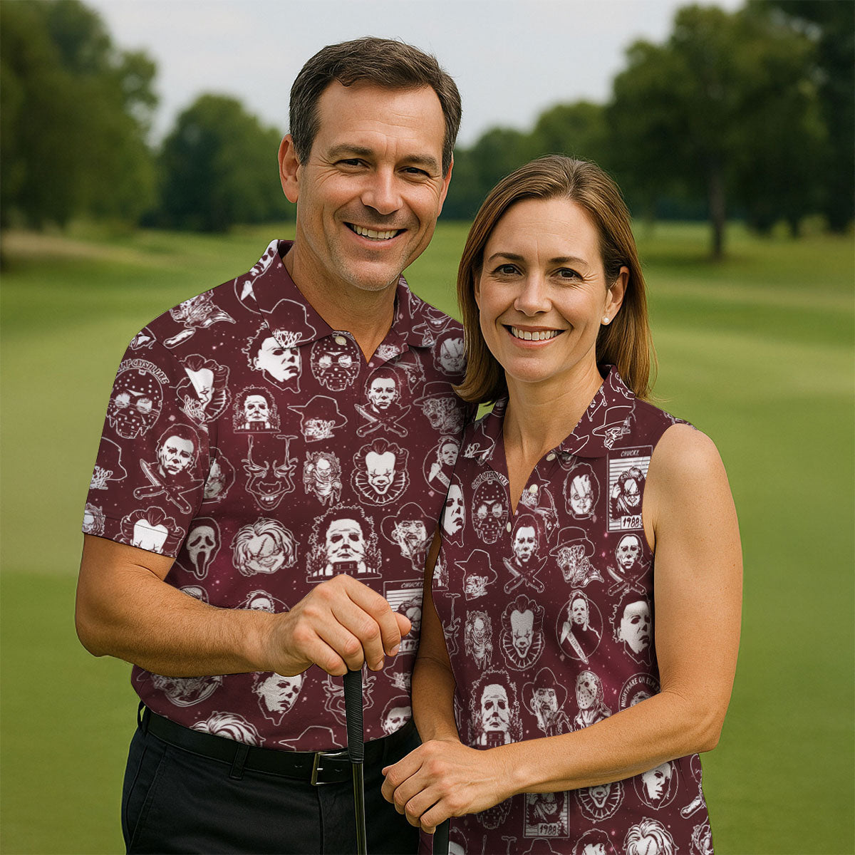 Vintage Halloween Horror Character Pattern Golf Shirt, Men's Golf Shirt, Hawaiian Golf Shirt